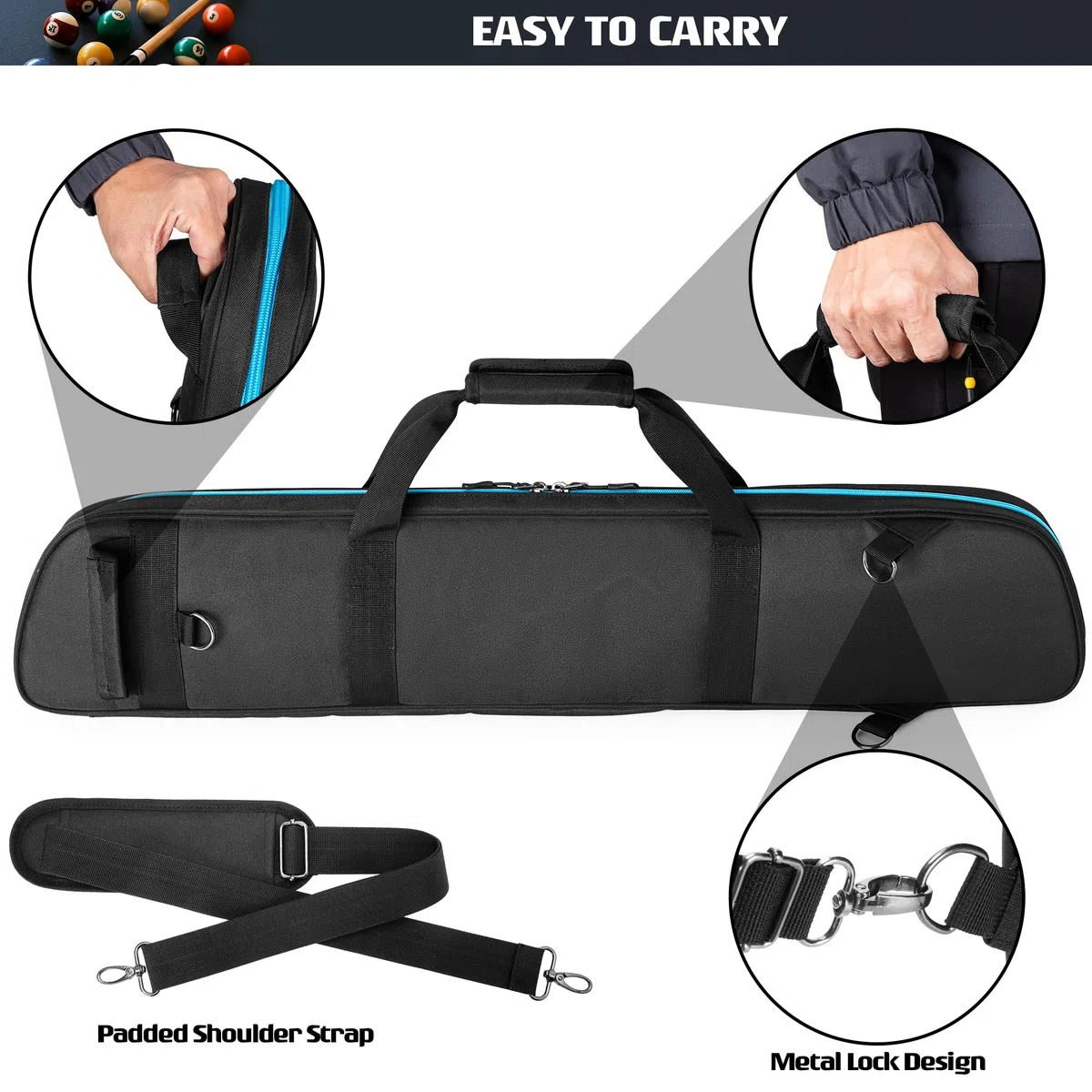 GOBUROS Custodia per stecche da biliardo 2x2 per 2 basi e 2 aste, porta stecche morbido con tasca frontale per accessori, borse porta stecche da biliardo con tracolla per un facile trasporto