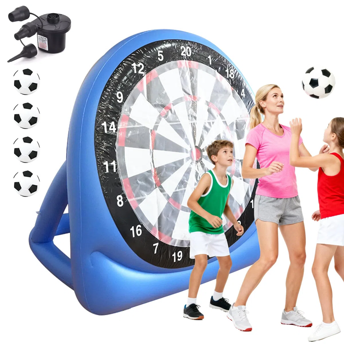 150 cm Bersaglio Freccette da Calcio Gonfiabile, Pieghevole Portatile Bersaglio per Freccette, con 4 Palloni da Calcio, Pompa Elettrica per Aria, per Casa, Cortile, Prato e Giochi Divertenti per Feste