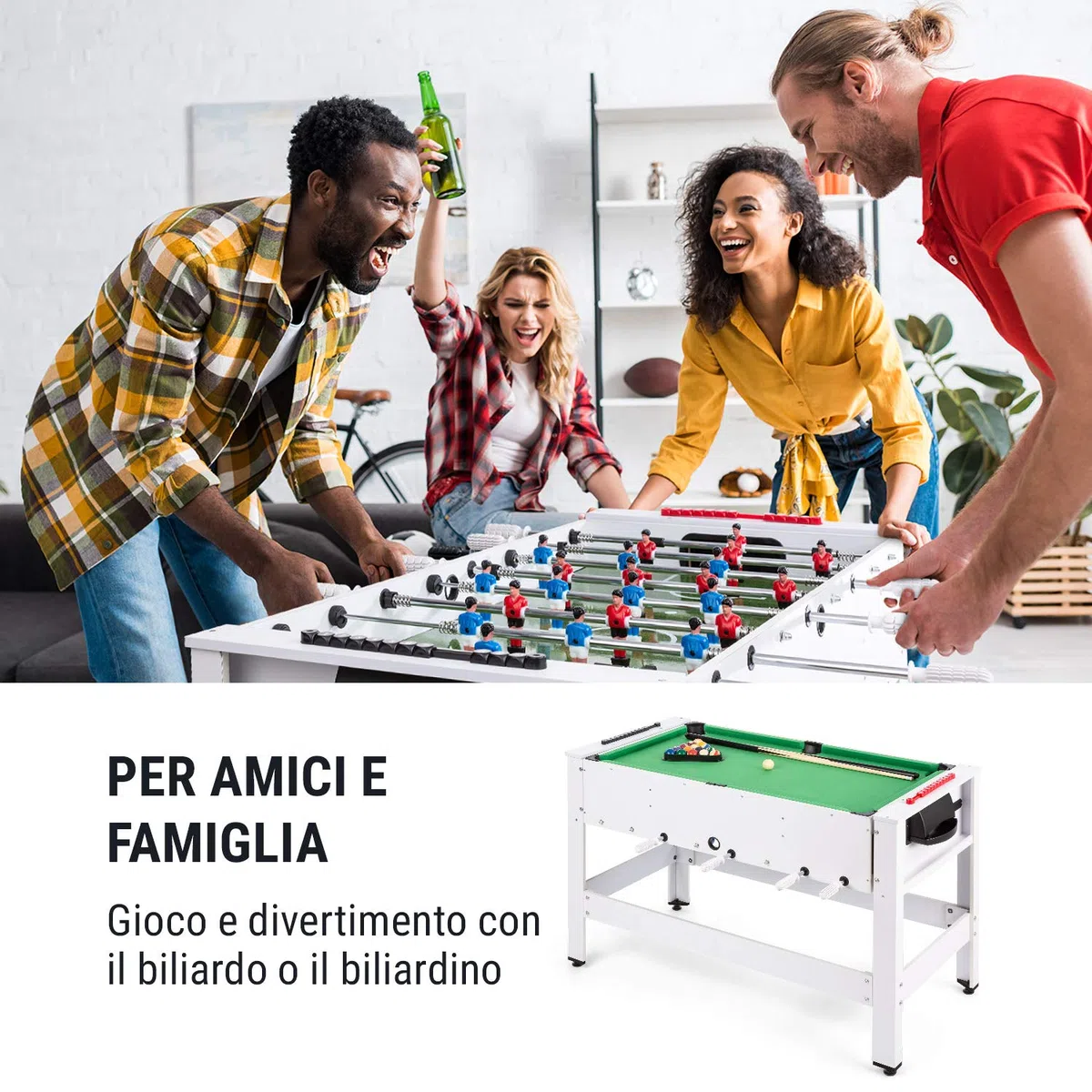 Klarfit Spin 2 in 1 - Calcio Balilla e Tavolo Multigioco Adulti, Biliardo: 105x58 cm, Rivestimento Verde, Biliardino, Accessori Inclusi, Tavolo da Gioco Rotante per rapido Cambio Gioco