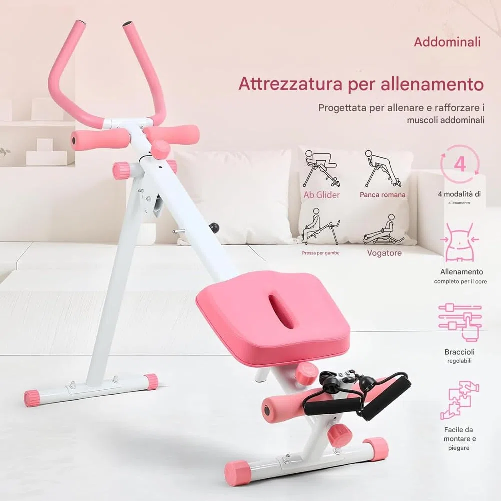 BAKAJI Ab Machine Attrezzatura per Fitness Multiuso Pieghevole con Chiusura Salvaspazio, Vogatore, Macchina per Addominali, Cruncher, Attrezzatura da Palestra in Casa per Home Gym