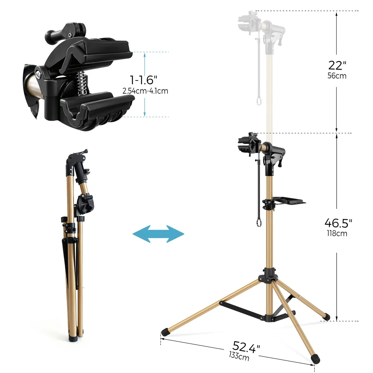 Cavalletto 3 Gambe Alluminio Riparazione e Montaggio Bici, Completamente Pieghevole, Doppio Blocco Sicurezza, Compatto, Ultraleggero, Ampio Vassoio Magnetico