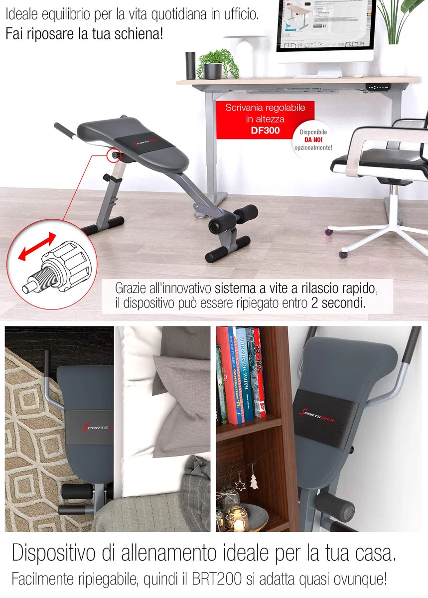 Sportstech BRT200 3in1. Panca per Schiena e Addome con Innovativo Design Antiscivolo, Brevettato, Multifunzionale, Ripiegabile, Imbottitura ergonomica, 5 Livelli di inclinazione.