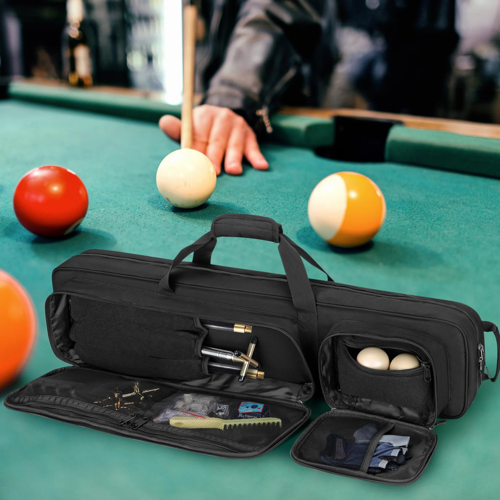 GOBUROS 4x5 Valigetta per stecca da biliardo, per 4 pistoni e 6 steli, custodia morbida con grande tasca per accessori anteriore e tracolla, Nero