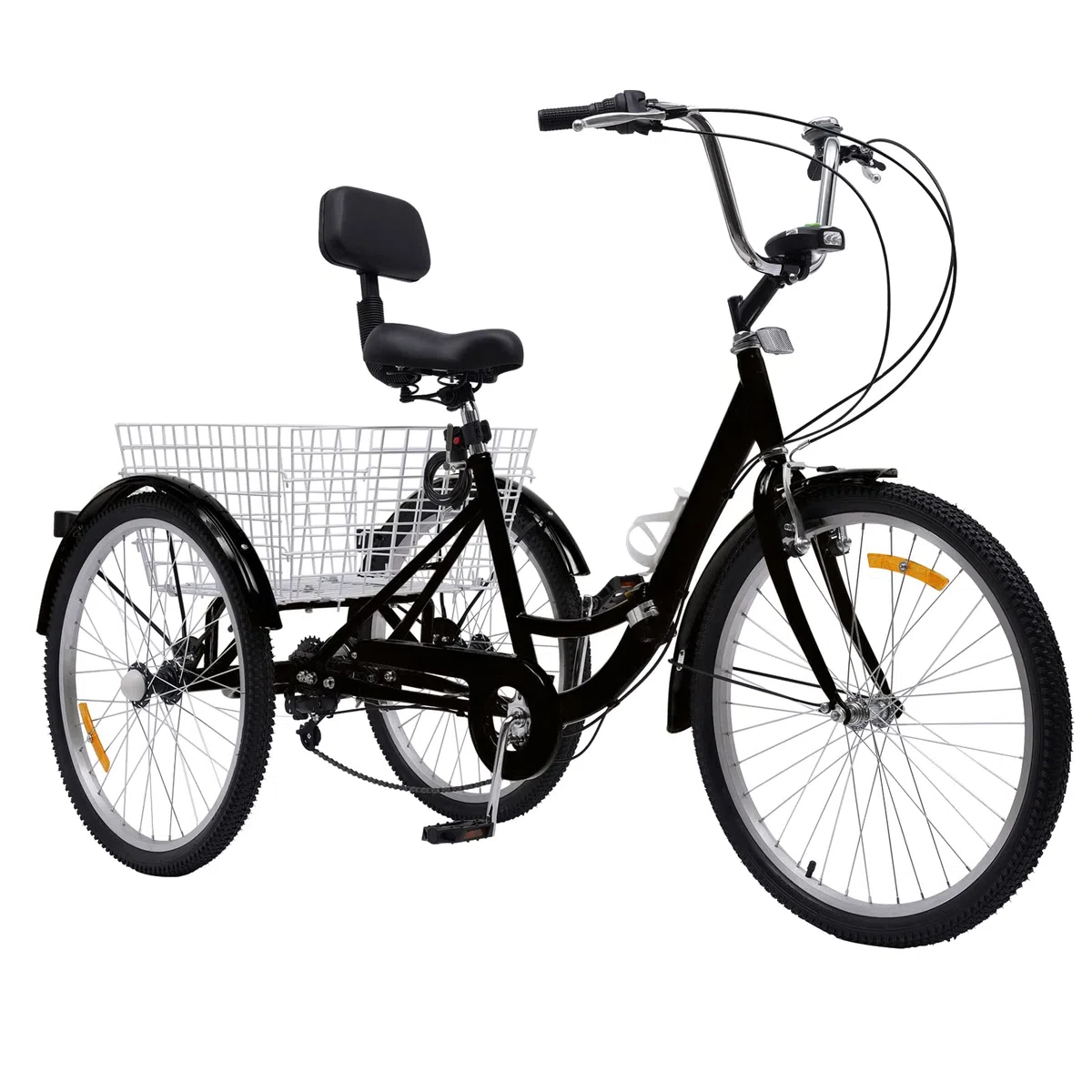 triciclo per adulti 24 pollici, cruiser bicicletta con lampada da moto, cestino e riflettori, velocità regolabile, 120 kg, bianco
