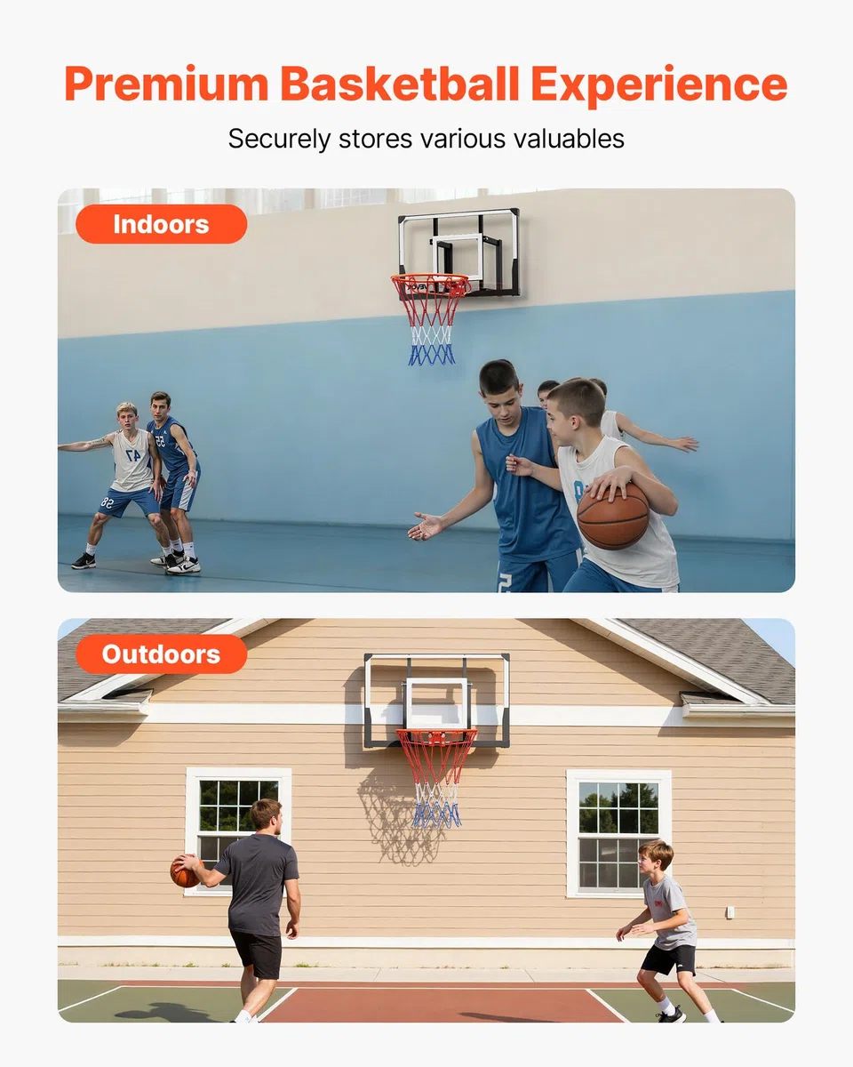 VEVOR Canestro Basket Esterno Interno con Tabellone in PC da 1117,6 mm e Tabellone con Spessore di 2 mm, Rete in Nylon Intrecciato Spesso, Canestro da Basket Peso di 10 kg Professionale e Divertente