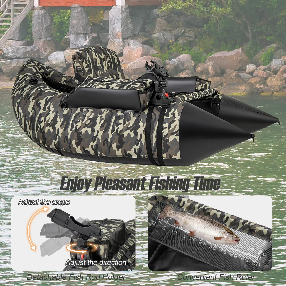 HOMASIS Barca da Pesca Gonfiabile a Forma di V, Barca Galleggiante Gonfiabile con Supporto per Canne con Stoccaggio di Attrezzature, Barche da Pesca a Mosca con Pinne, Remi e Pompa, 150 x 110 x 48 cm,