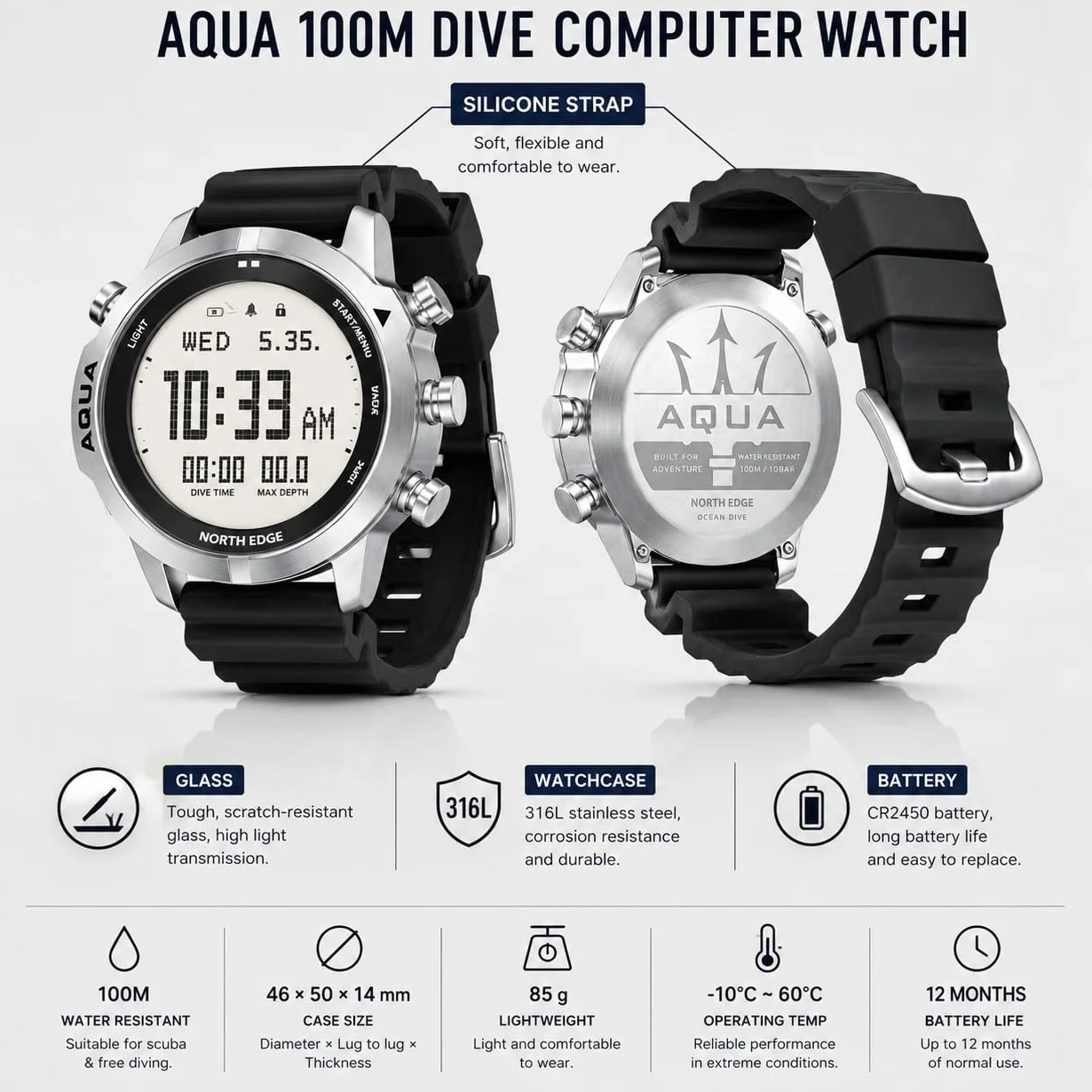 NORTH EDGE AQUA Orologio Da Immersione Professionale Per Computer Da Uomo Scuba Diving 50m Orologi Da Immersione Con Registro Per Immersioni Altimetro Barometro Bussola