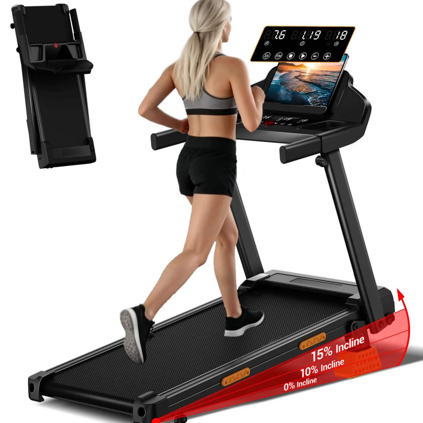 LONTEK Tapis Roulant Salvaspazio con Inclinazione 15%, Tapis Roulant Elettrico 12KM/H, Tapirulan Pieghevole da Casa con Motore da 3.0 HP e Display LED, Carico Massimo 136KG