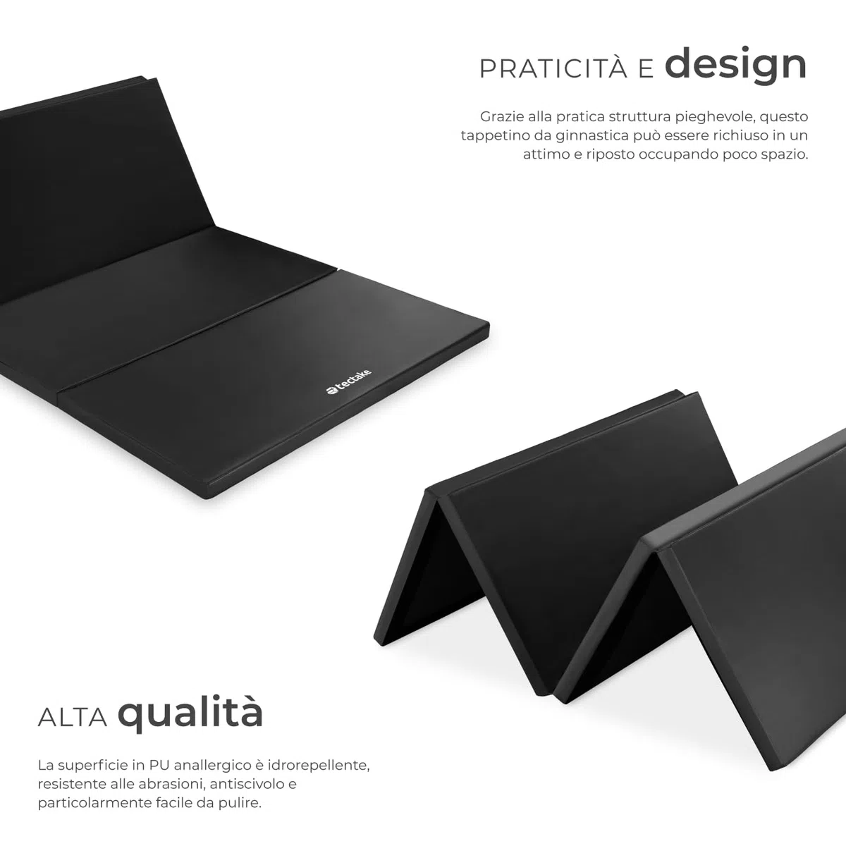 tectake® Tappetino da Ginnastica Pieghevole, Tappeto Fitness Portatile con Superficie Lavabile, Cinghia Trasporto, Tappetino Palestra, Sport, Casa, Yoga, Arti Marziali, 240x120x5 cm - Nero