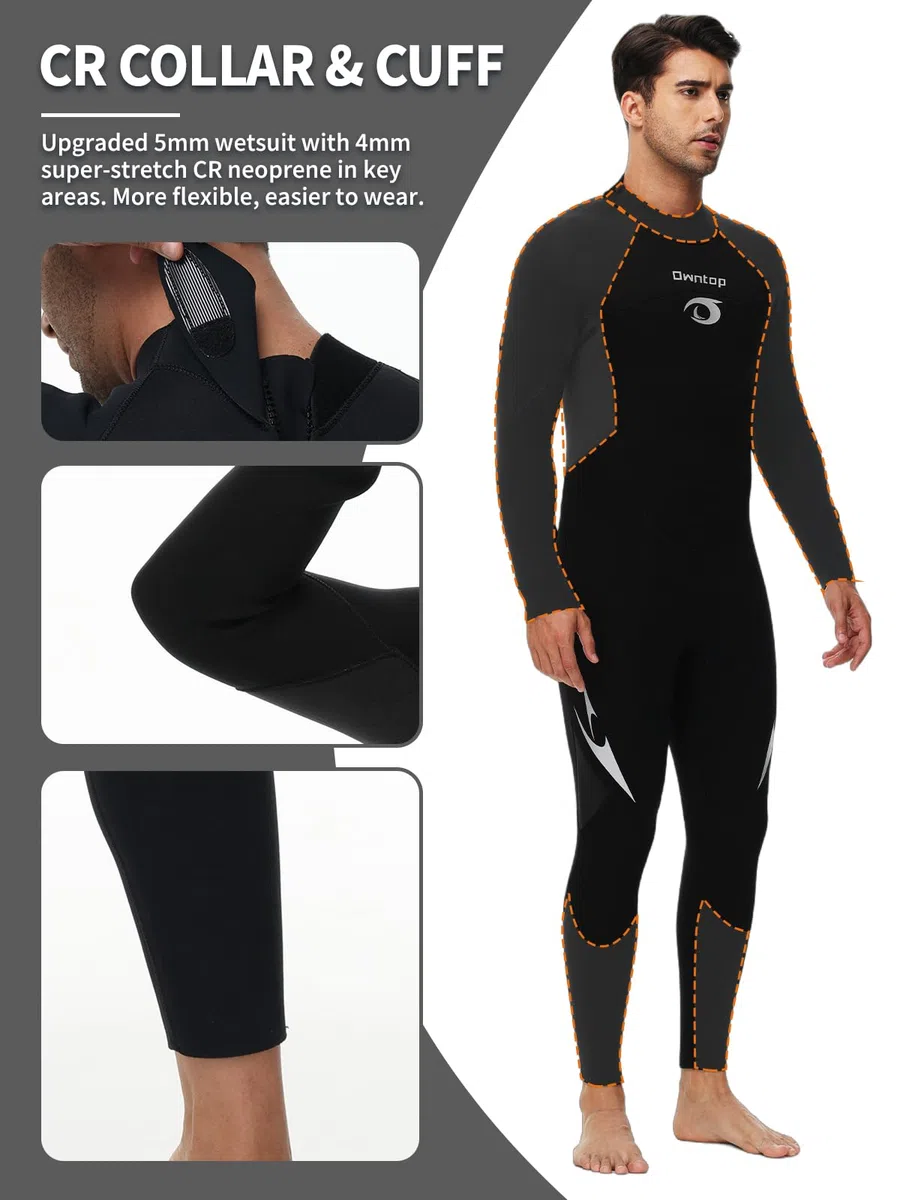 Owntop Muta da 5 mm per uomo e donna, in neoprene con cerniera posteriore, per adulti, lunghezza intera, pelle termica flessibile per immersioni in acqua fredda, surf, da uomo, nero, M