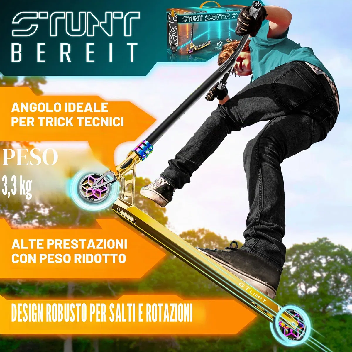 KESSER® monopattino acrobatico GT-Limit 360° sterzo divertente acrobatico con supporto ABEC 9 cuscinetti a sfera, ruote in PU da 110 mm, Scooter