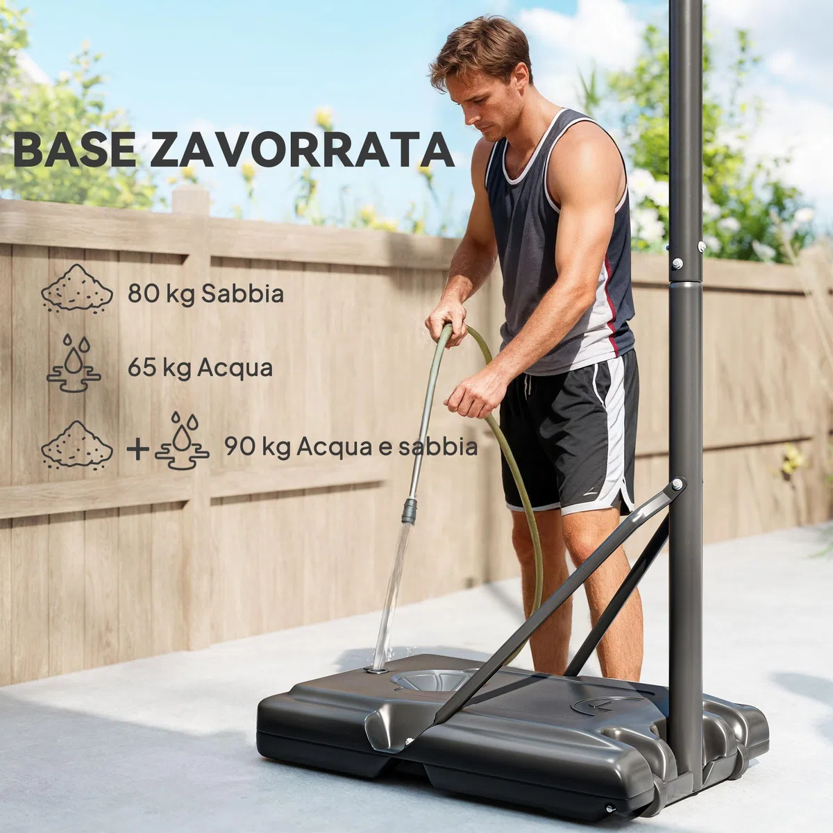 SPORTNOW Canestro Basket ad Altezza Regolabile per Giardino e Piscina con Base Riempibile e Spazio per Palla, in Acciaio, Plastica e HDPE, 110x75x195-370 cm, Nero