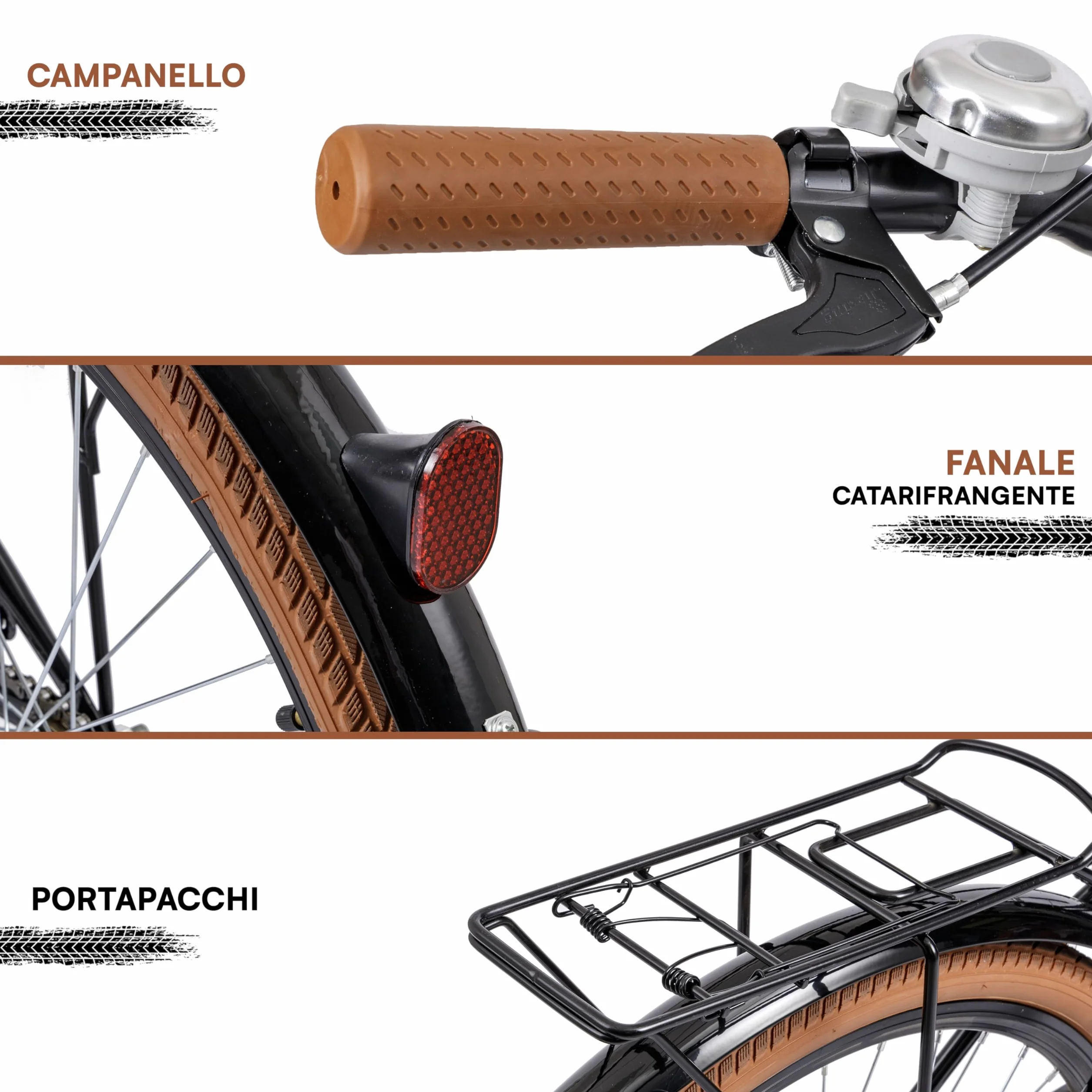 Baroni Home Bicicletta da Passeggio da Uomo e Donna, con Campanello, Manubrio e Sellino Regolabile, Bici con Doppio Freno Anteriore e Posteriore, City Bike, Nero e Marrone, 168x90 cm