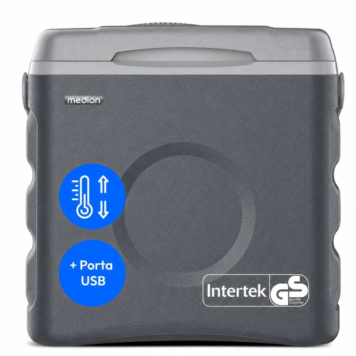 MEDION Borsa frigo termolettrica portatile 35 L, funzione raffreddamento e mantenimento caldo, 12 V accendisigari 230 V rete USB 5 V alimentazione, per auto barca campeggio, MD370030, grigio