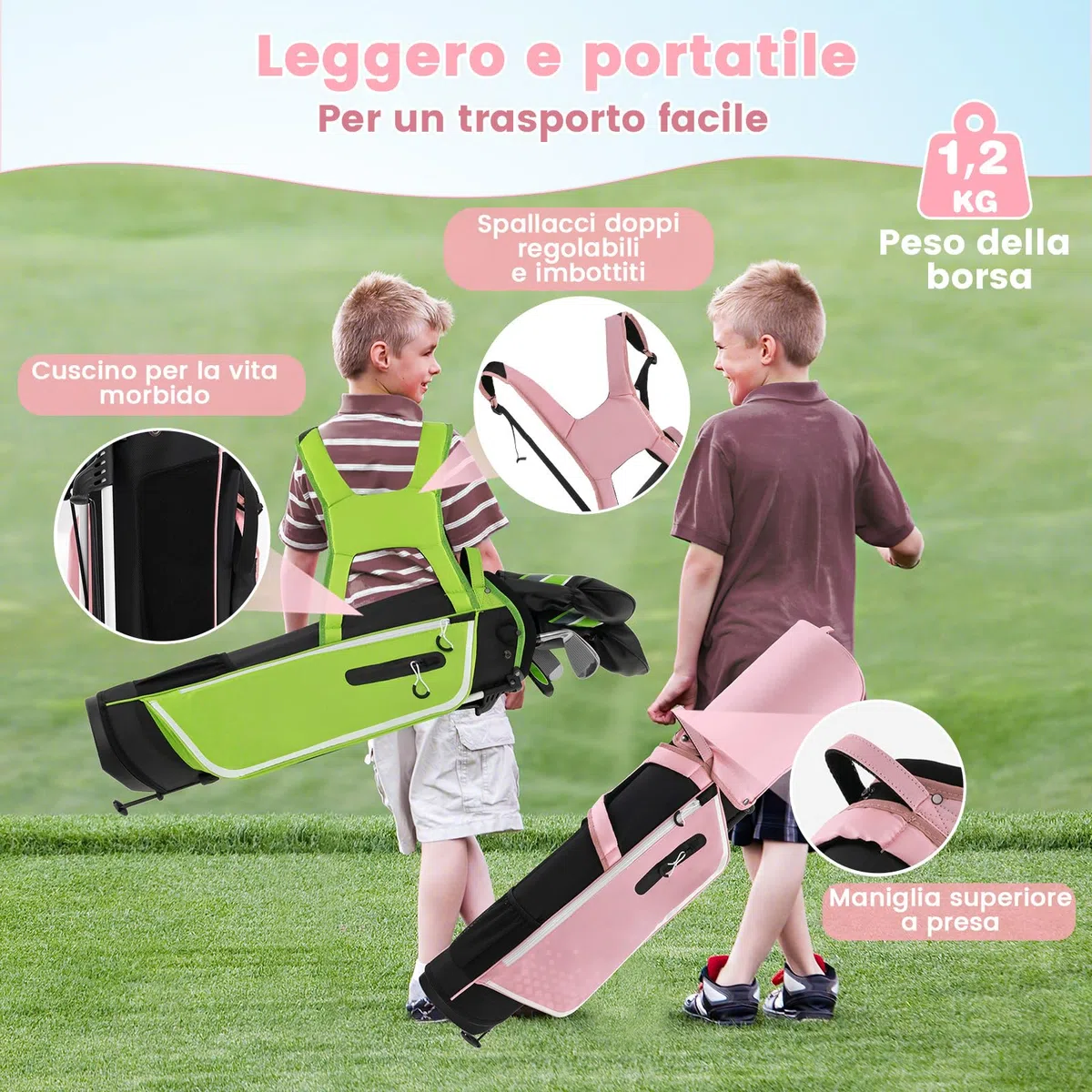 COSTWAY Set di Mazze da Golf per Bambini con Sacca, Fodera Impermeabile, Driver 1, Ibrido 5, Ferro 7, Ferro 9, Ferro S e Putter, Set Allenamento Golf per 11-13 Anni, Destrorso