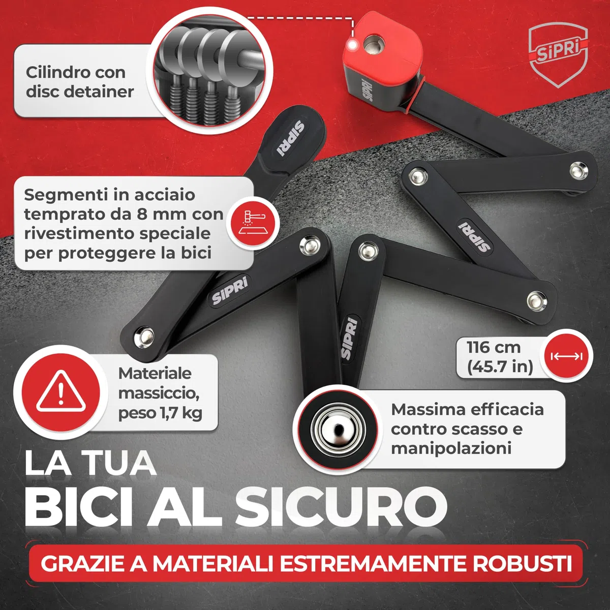 SIPRI Lucchetto pieghevole per bicicletta con allarme, 120 dB, pieghevole, ad alta sicurezza, per e-bike, scooter e moto, in acciaio da 8 mm, 116 cm, resistente alle intemperie, robusto lucchetto con