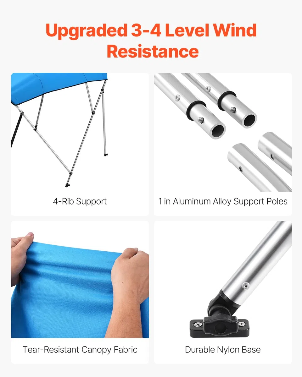 VEVOR Tendalino per Barca a 4 Archi in Poliestere 600D con Telaio in Lega di Alluminio, Tendalino Parasole Impermeabile per Barca con Borsa Portaoggetti, Larghezza 201 a 213 cm Blu Pacifico