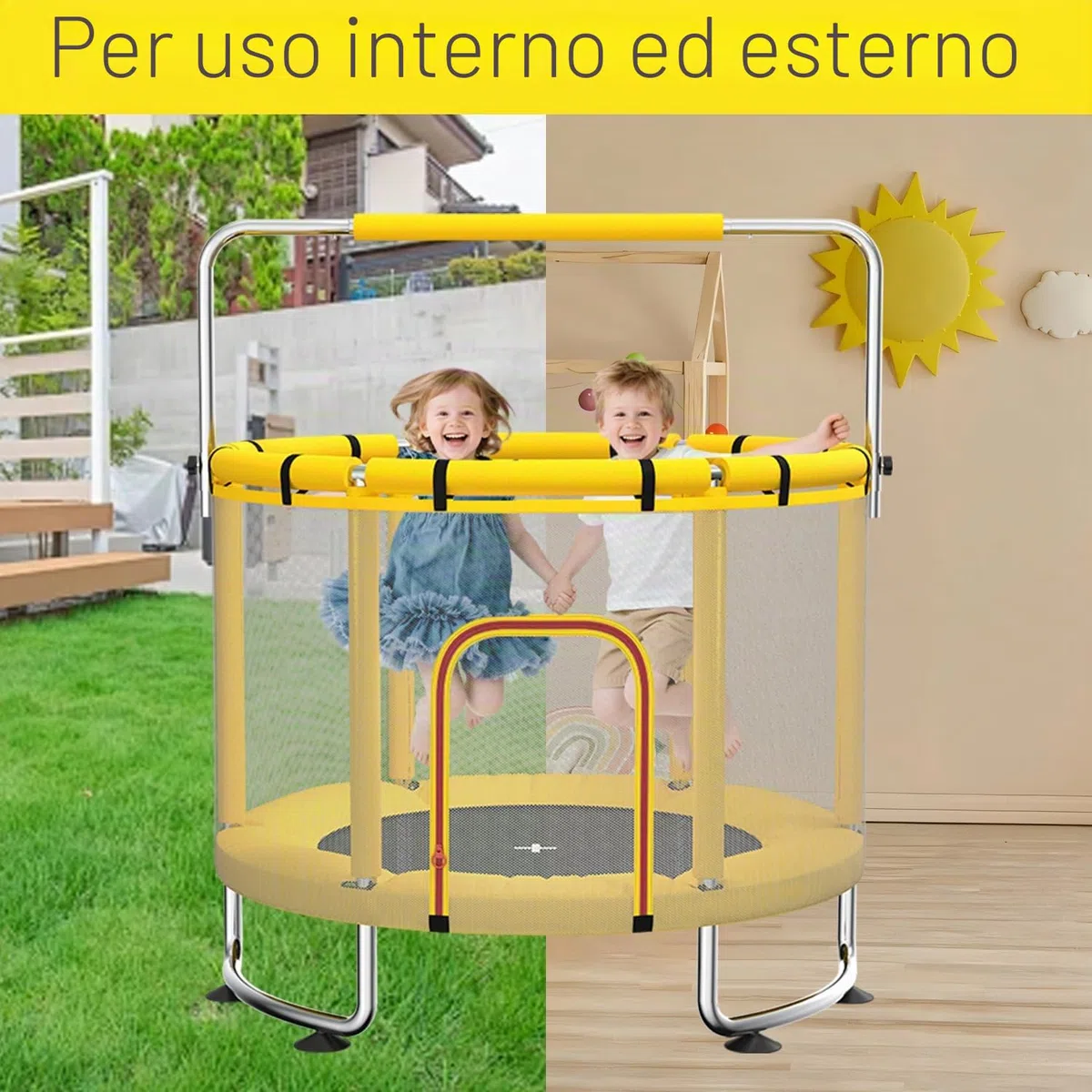 Trampolino per bambini da 140 cm per interni/esterni, capacità di carico 50 kg, con rete di sicurezza, barra da ginnastica regolabile e canestro da basket, regalo per bambini e bambine