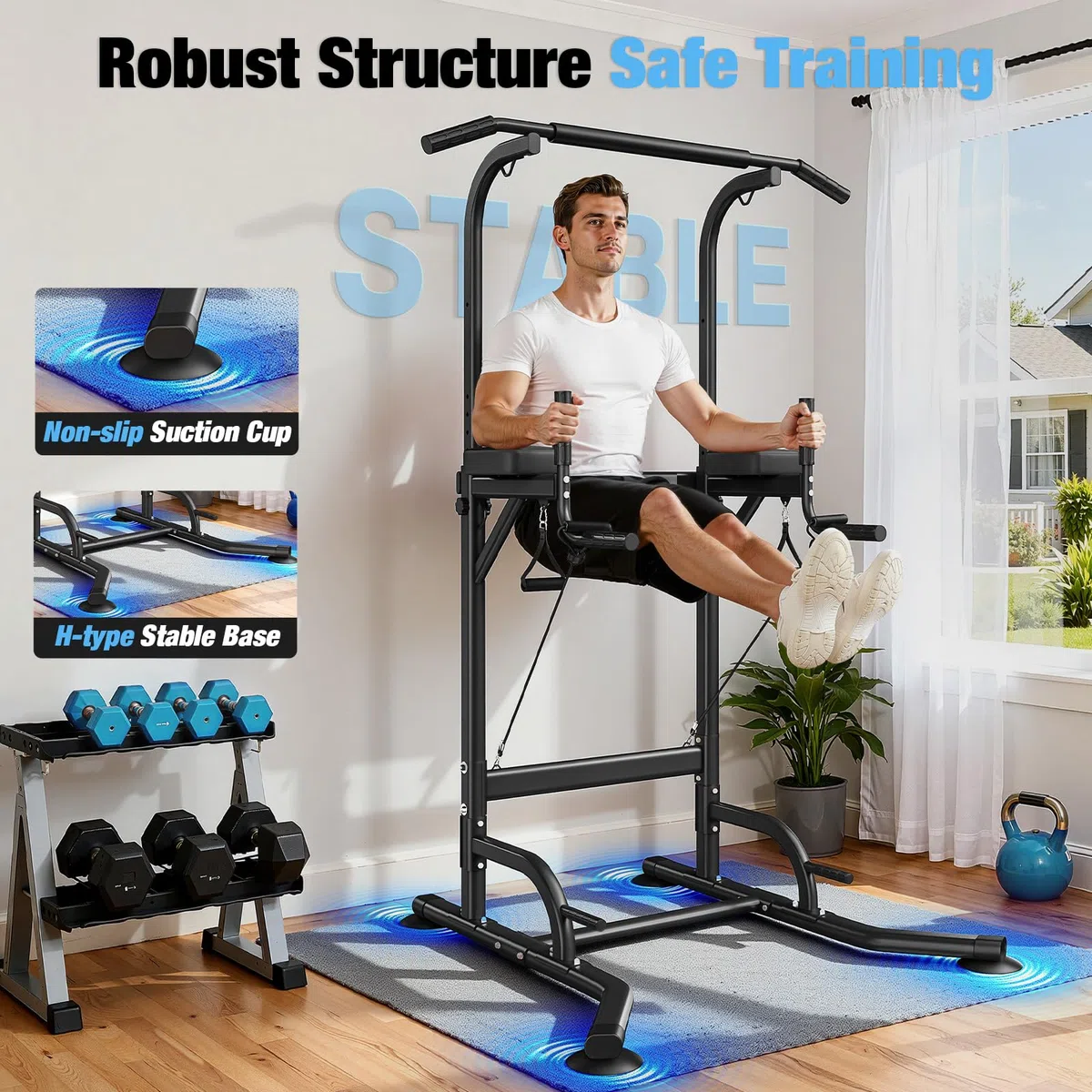 Dskeuzeew Power Tower Dip Station, stazione di forza fitness con barra per trazioni, torre di potenza multifunzionale per allenamento a casa in palestra, carico 150 kg, nero