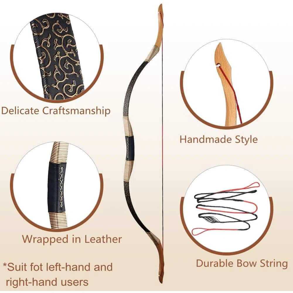 Huntingdoor Longbow Set Arco e Freccia per Adulti 30-50lbs Arco Tradizionale Arco Ricurvo Arco da Cavallo con Frecce in Legno Accessori per Tiro con L'Arco per Pratica del Bersaglio (50lbs)