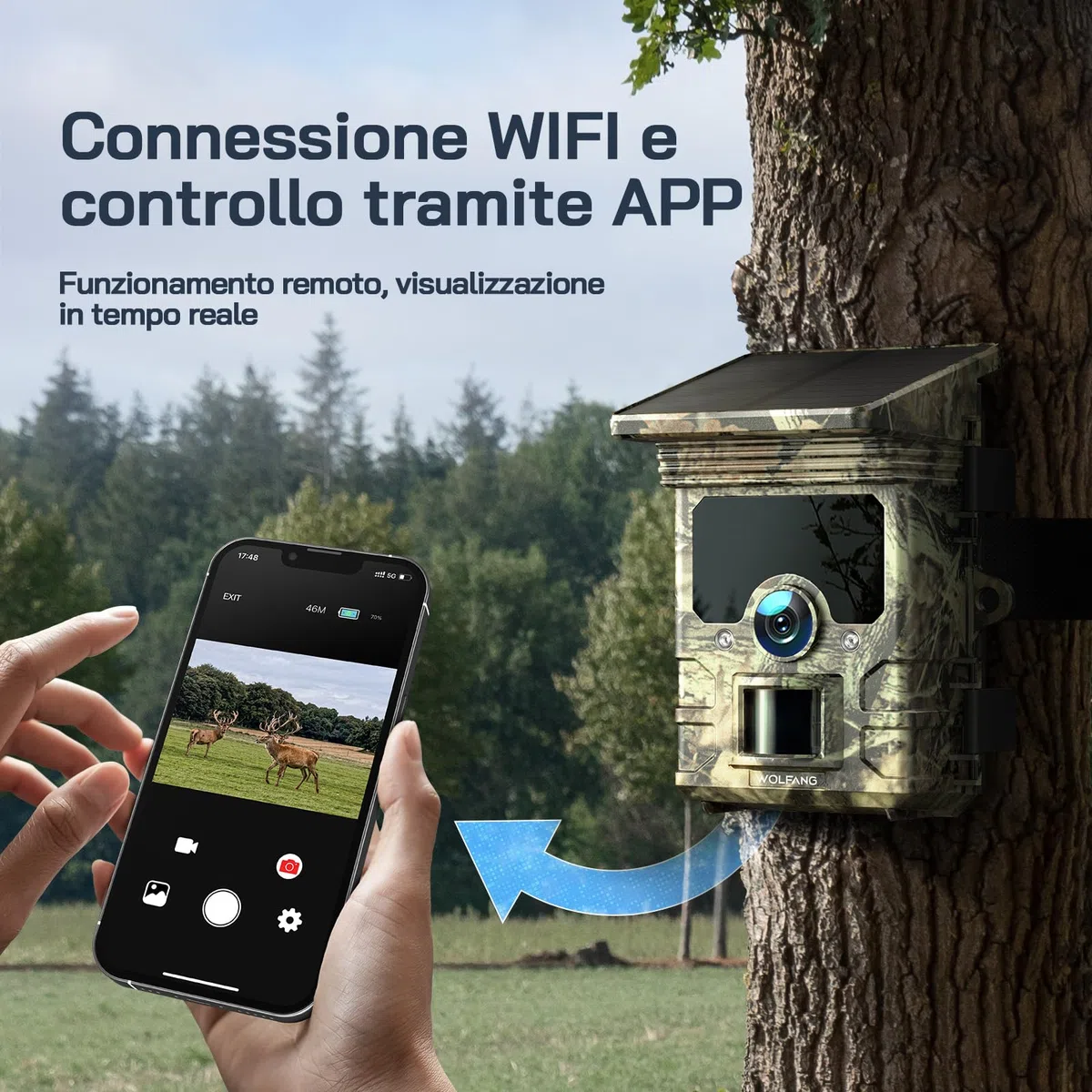 WOLFANG Fototrappola Solare 4K 30Fps, Wifi Bluetooth Fotocamera Caccia con Visione Notturna, Grandangolare 120 ° Fototrappole con Tempo di Scatto 0,1s, IP66 Impermeabile, Micro SD da 32 GB