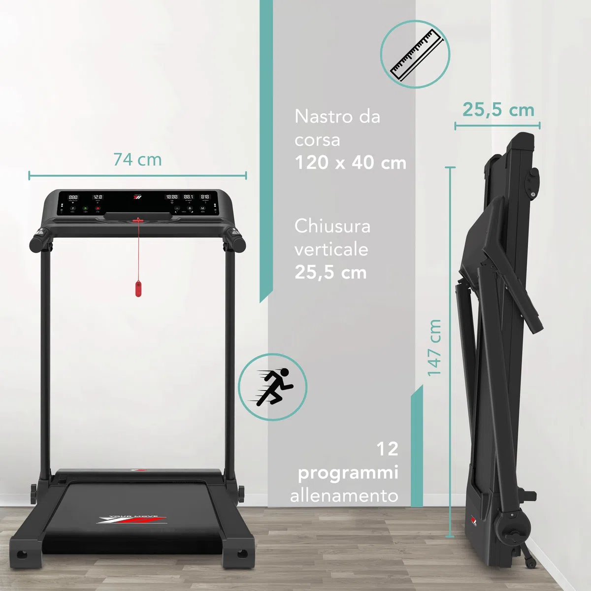 YM Tapis Roulant Salvaspazio 16 km/h, Marchio Italiano, Inclinazione, APP Compatibili, Pieghevole, Ampia Superfice, 2 Sistemi Controllo (TASTI + GESTUALE) Brevettato, NEXT 4000 Your Move