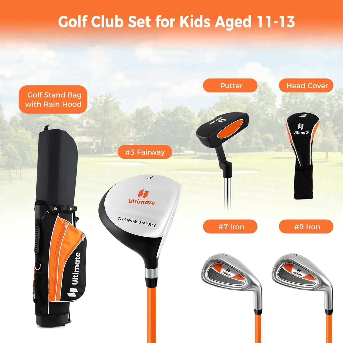 LIFEZEAL Pbastoni da golf per bambini destrimani con #3 Fairway, ferro #7 e #9, Putter, Cappotta, Attrezzatura da golf per bambini e ragazze da 8 a 10 anni