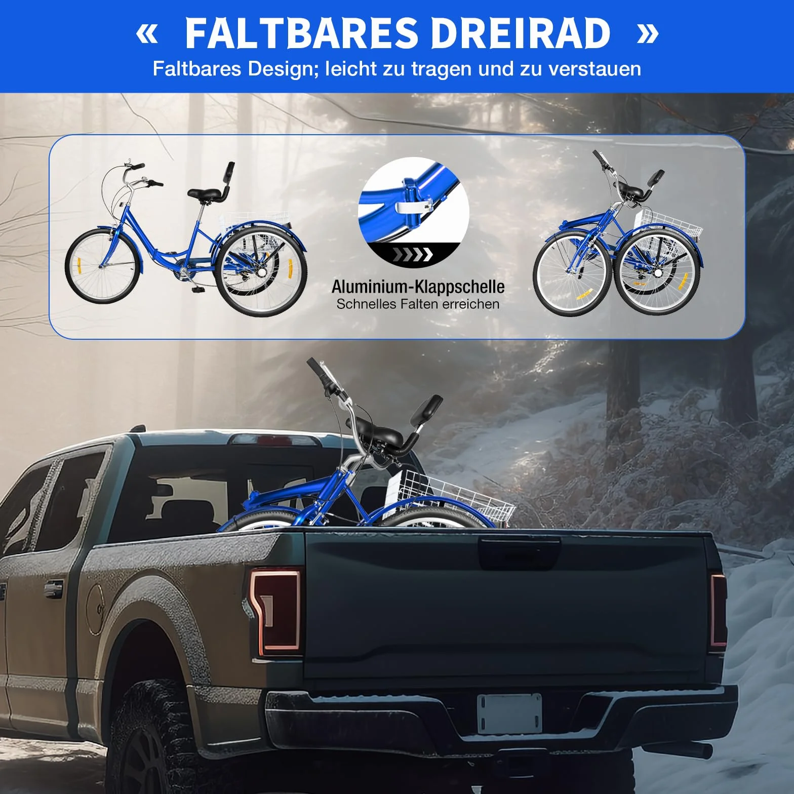Triciclo pieghevole per adulti, 24 pollici, 7 marce, 3 ruote, capacità di carico 120 kg, bicicletta da trekking, cruiser, altezza regolabile, con cestello, 25 kg, campanello, parafanghi