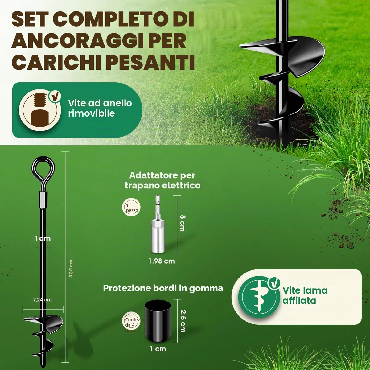 Kit di ancoraggio a terra resistente, confezione da 4 picchetti adatti per tutte le tende, trampolini, kit di ancoraggio a terra con adattatore