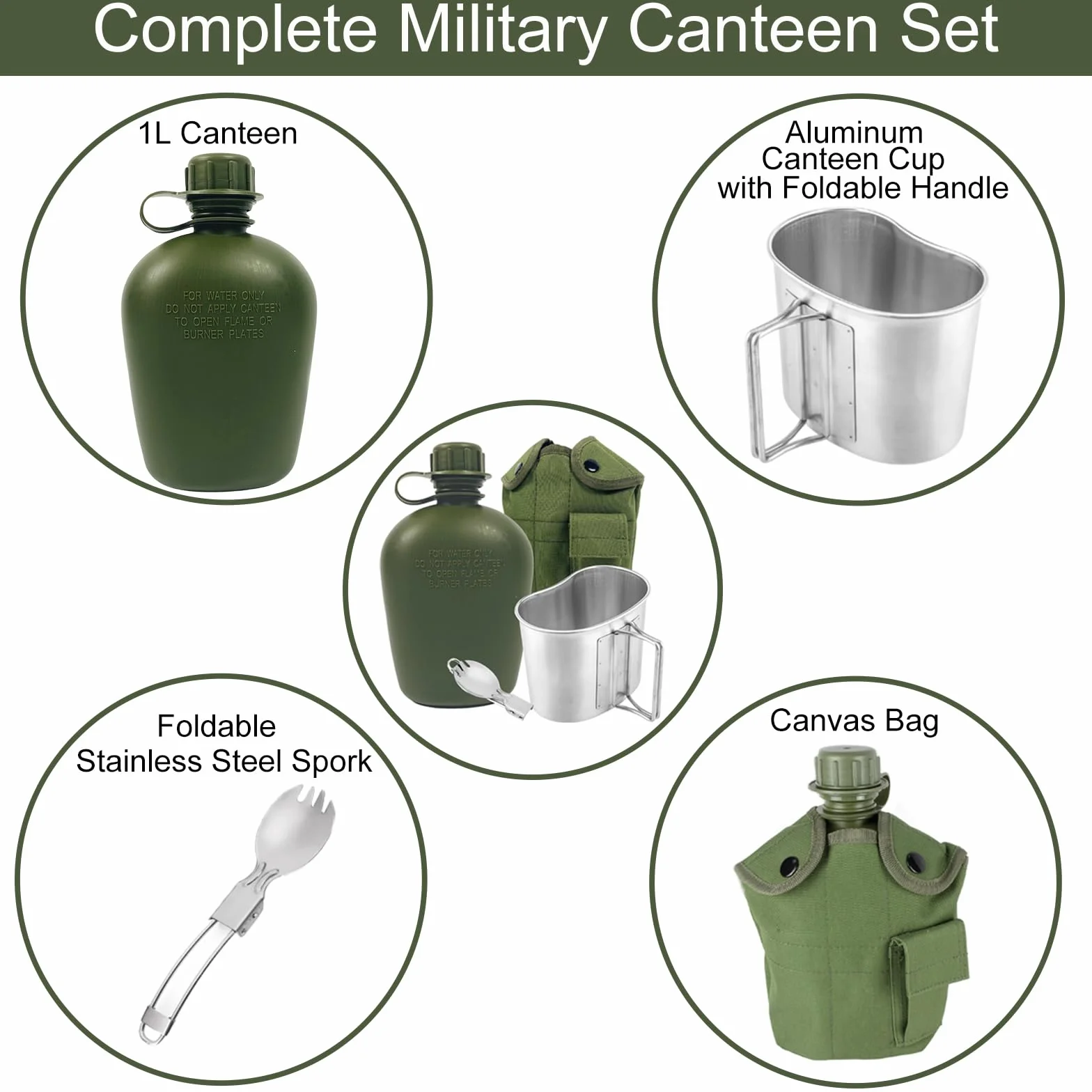 BeGrit Borraccia Militari 1 Litro con Guscio Set Gavetta Militare con Scoop e Tazza Manici Ripiegabili Gourde Militari 3 Pezzi Kit Militare Pentole Campeggio Tazza Scout per Escursioni Zaino, Verde