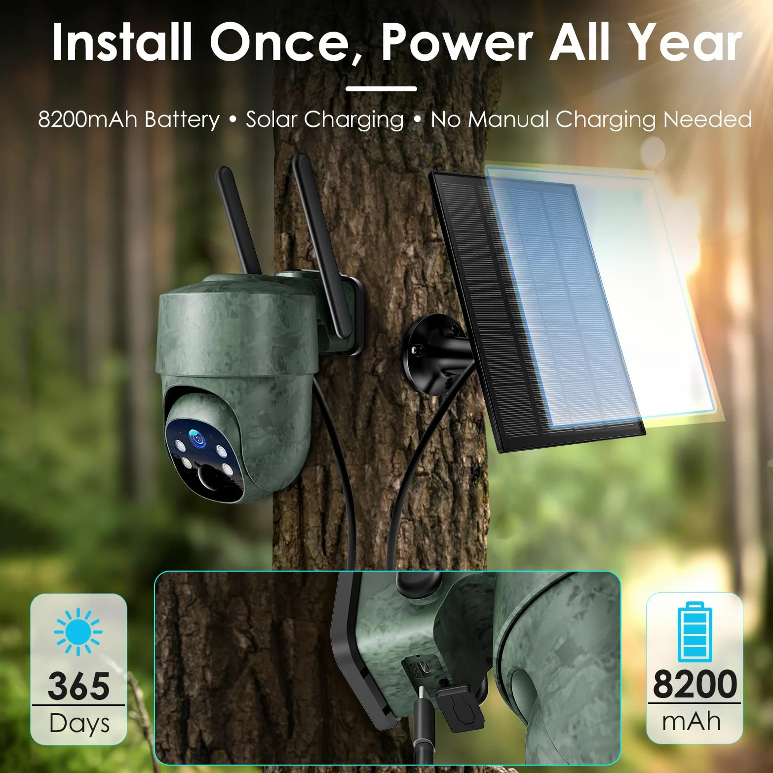 WOLFANG Fotocamera da Caccia 4G con SIM, 2.5K Telecamera Esterna con Pannello Solare e APP, 360° PTZ Fototrappola Infrarossi Invisibili, Visione Notturna a Colori, Rilevamento PIR, Impermeabile IP66