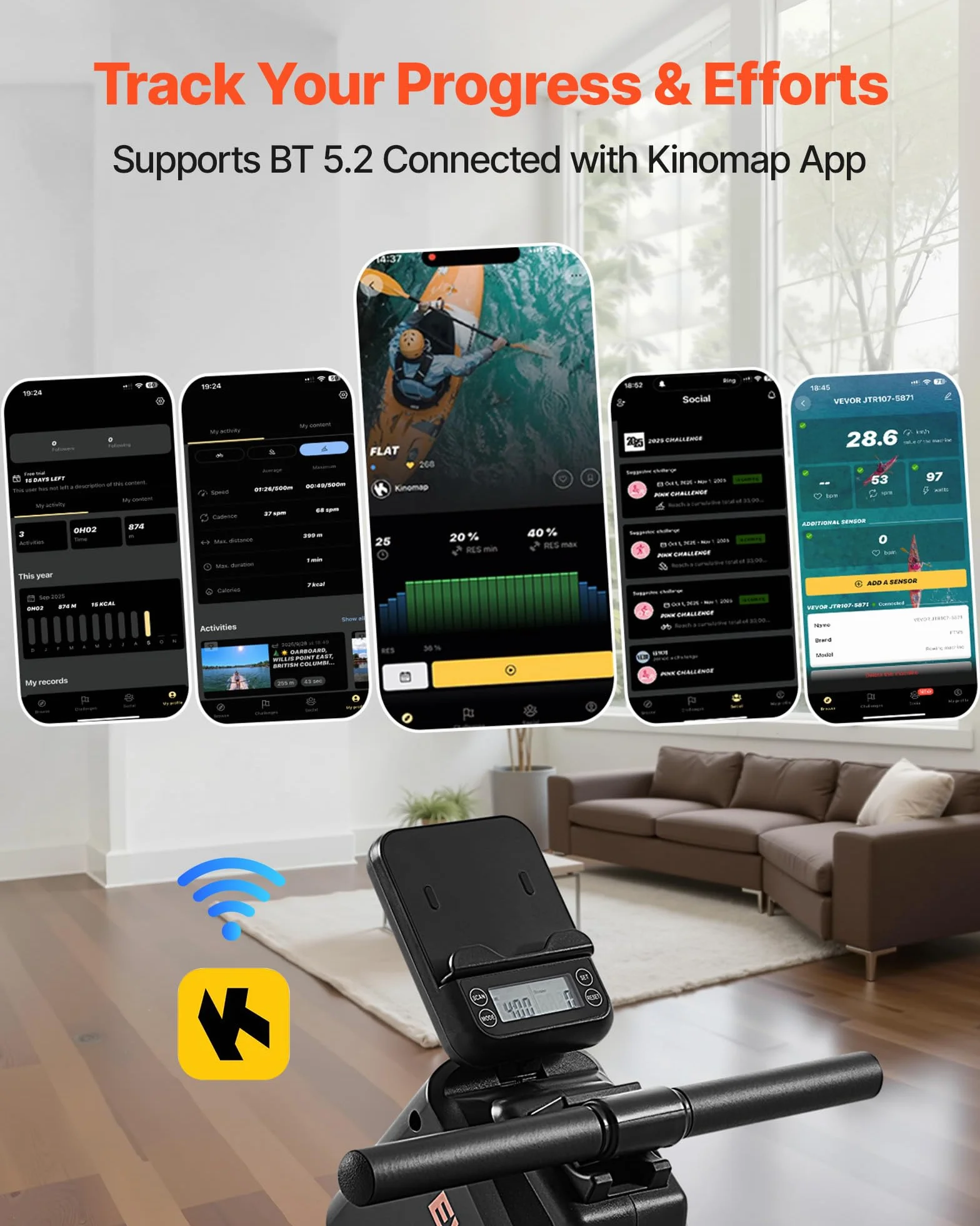 VEVOR Vogatore Magnetico, Resistenza Silenziosa Regolabile a 16 Livelli, Vogatore Pieghevole per la Casa, Capacità 158 kg, Vogatori Allenamento Aerobico con APP Bluetooth e Monitor LCD