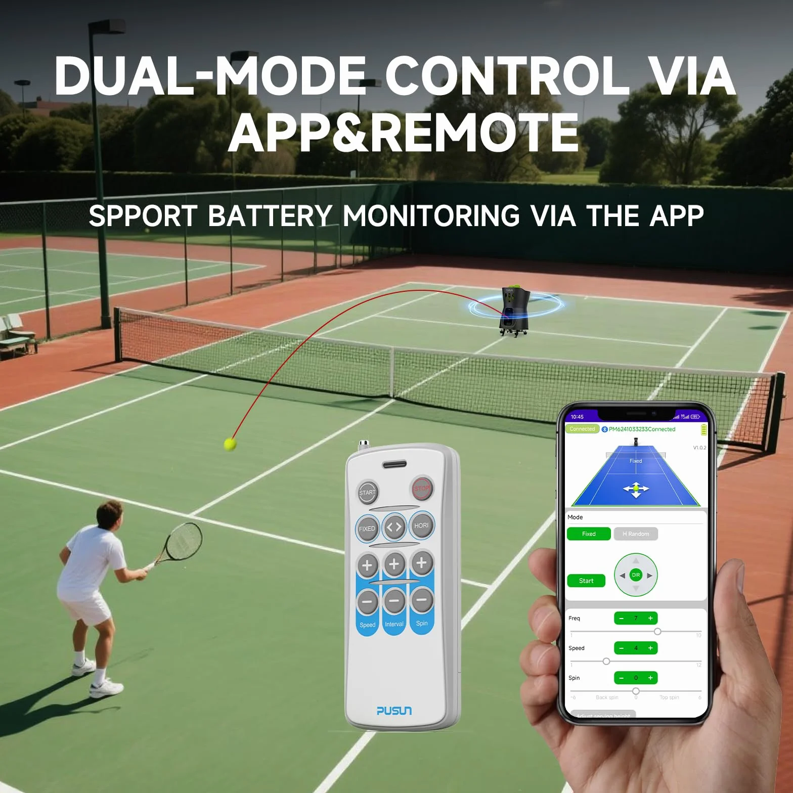 PUSUN - Macchina per lanciare palline da tennis, per bambini/principianti, capacità 65 + palline, doppio controllo tramite app e telecomando, durata della batteria 3-5 ore, attrezzatura portatile per