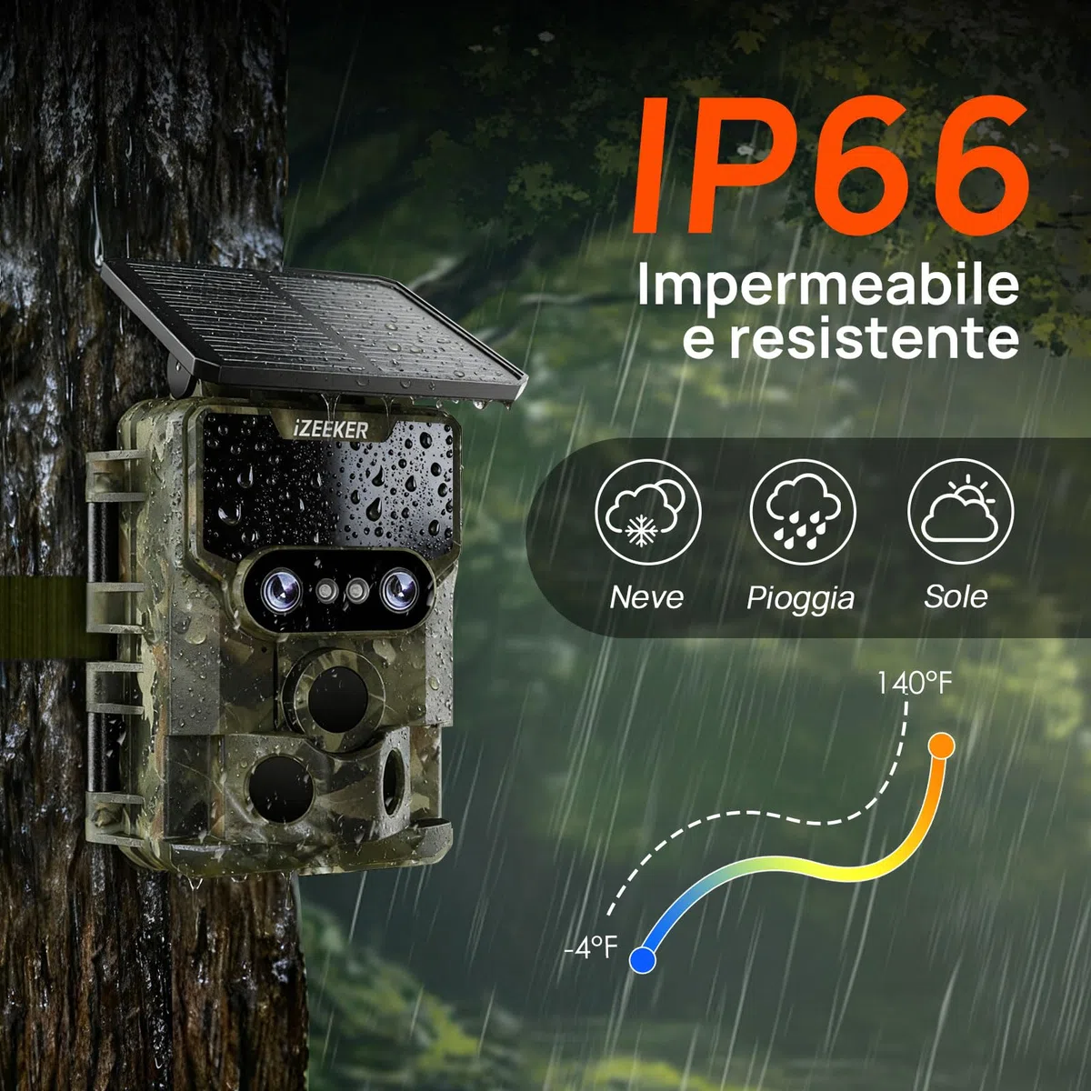 iZEEKER iG600 Fototrappola con Doppia Lente 4K 30fps 64MP, con Scheda SD 32GB, WiFi Bluetooth Fotocamera Caccia Visione Notturna Starlight Angolo di Rilevamento 120° Tempo di Trigger 0,1s IP66