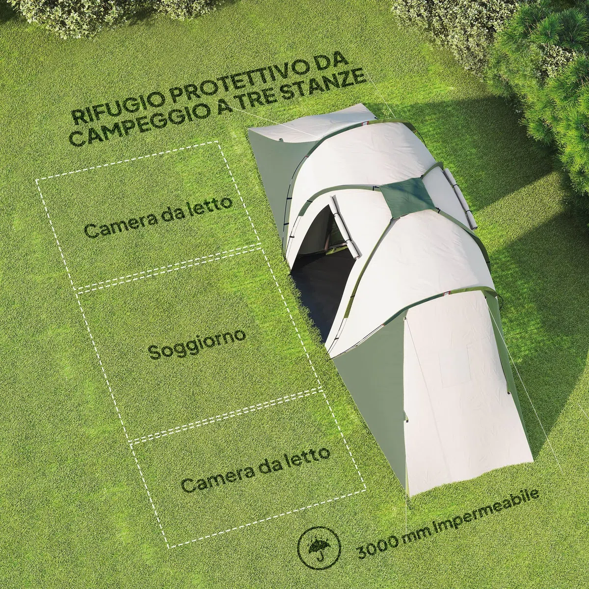 Outsunny Tenda da Campeggio 4-6 Persone con 2 Camere e Zona Soggiorno, Tenda da Esterno a 2 Porte, Resistente all'acqua e ai Raggi UV, con Borsa da Trasporto, 555x225x190 cm, Grigio e Verde