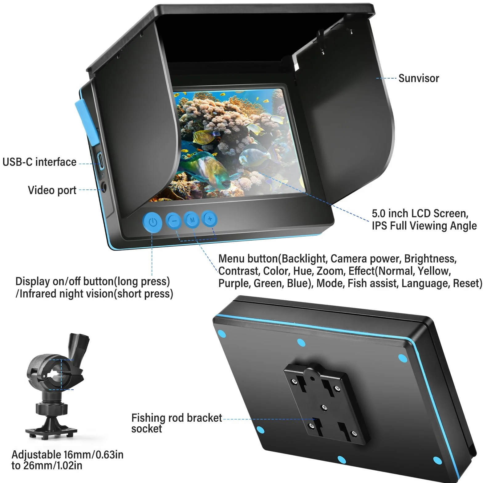 Fischfinder Fish Finder - Fotocamera con display IPS da 5 pollici, fotocamera subacquea, visione notturna grandangolare, IP65, impermeabile, per ghiaccio, fiume e barca