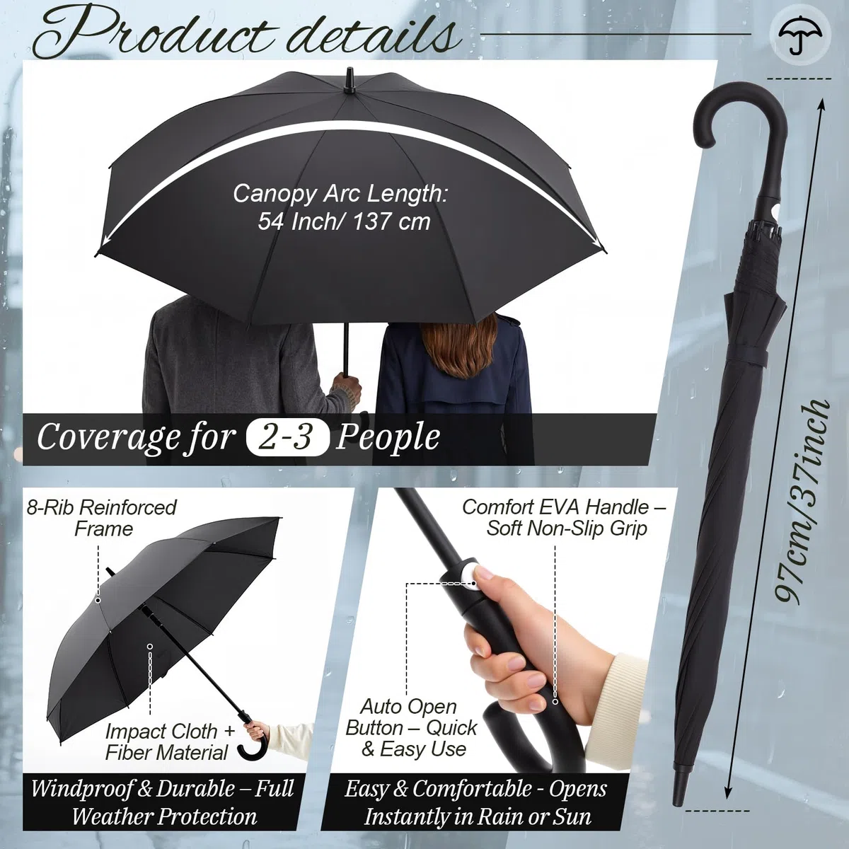 Weewooday 2 Ombrelli Golf 54 Inch Large Apertura Automatica Ombrello Sportivo Resistente al Vento Ombrelli Pioggia Antivento Protezione UV Impermeabile