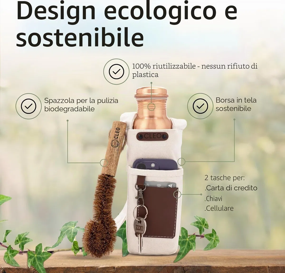 Bottiglia Acqua in Rame Puro Martellato 950 ml – Bottiglia Ayurvedica Antiperdita Senza BPA per Yoga Palestra Viaggi e Ufficio con Borsa in Tela Tasche e Spazzola Pulizia Inclusa