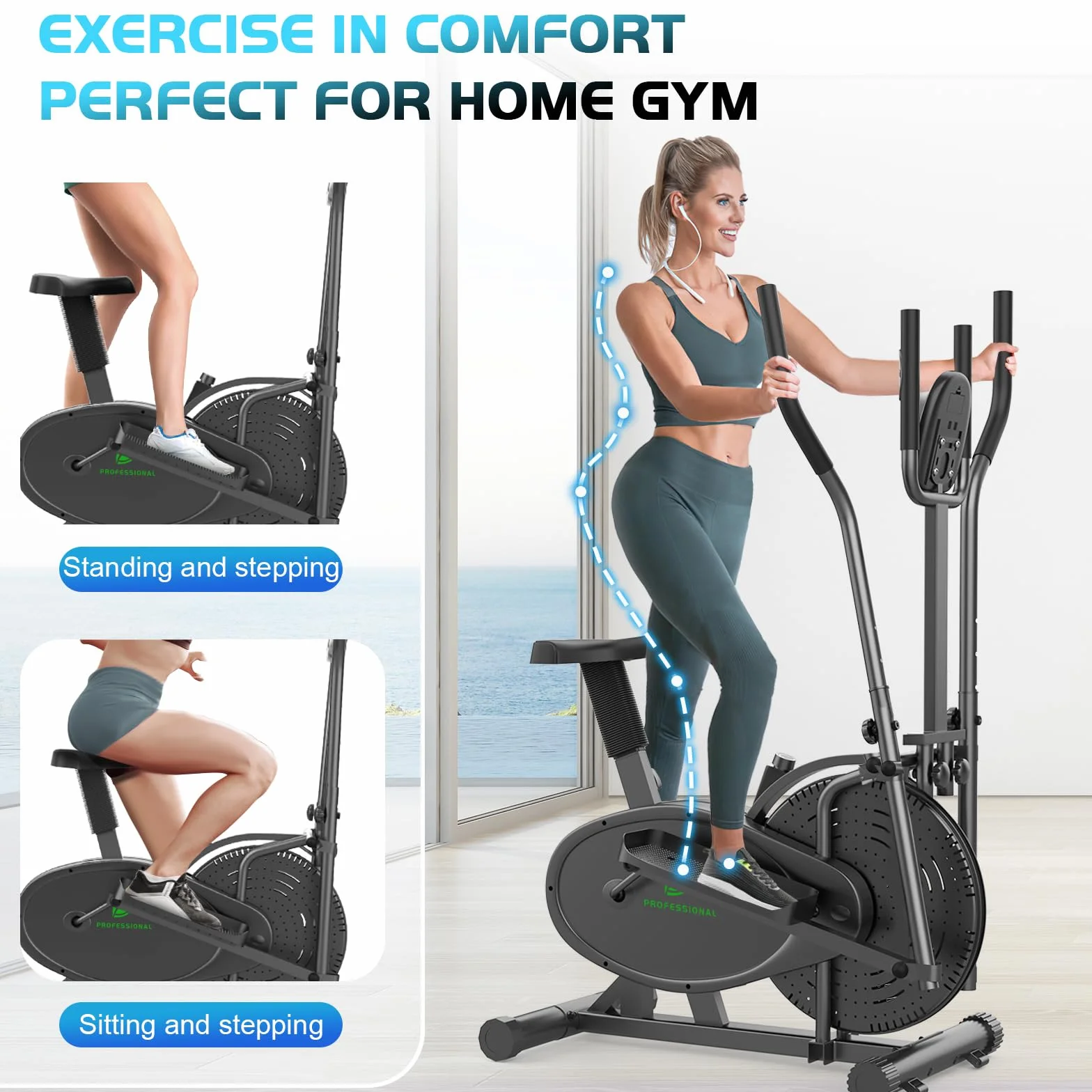 Ellittiche, 2 in 1 Ellittica e Cyclette con Sedile, Monitor LCD, Resistenza regolabile, Pedali Antiscivolo, Macchina per l'allenamento Ellittico, Stepper per l'allenamento Cardio da Casa