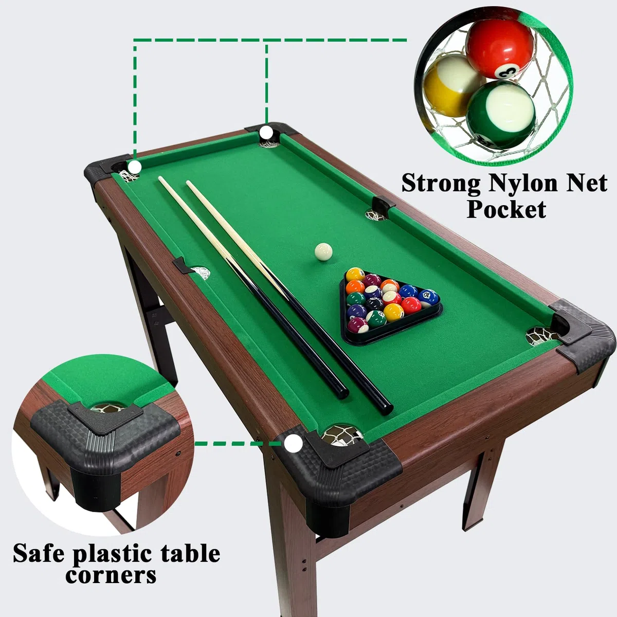 Mini tavolo da biliardo per adulti e bambini, gioco da tavolo da biliardo con 2 stecche, 2 gessetti, 16 palline, triangolo e spazzola 122 x 61 x 76 cm