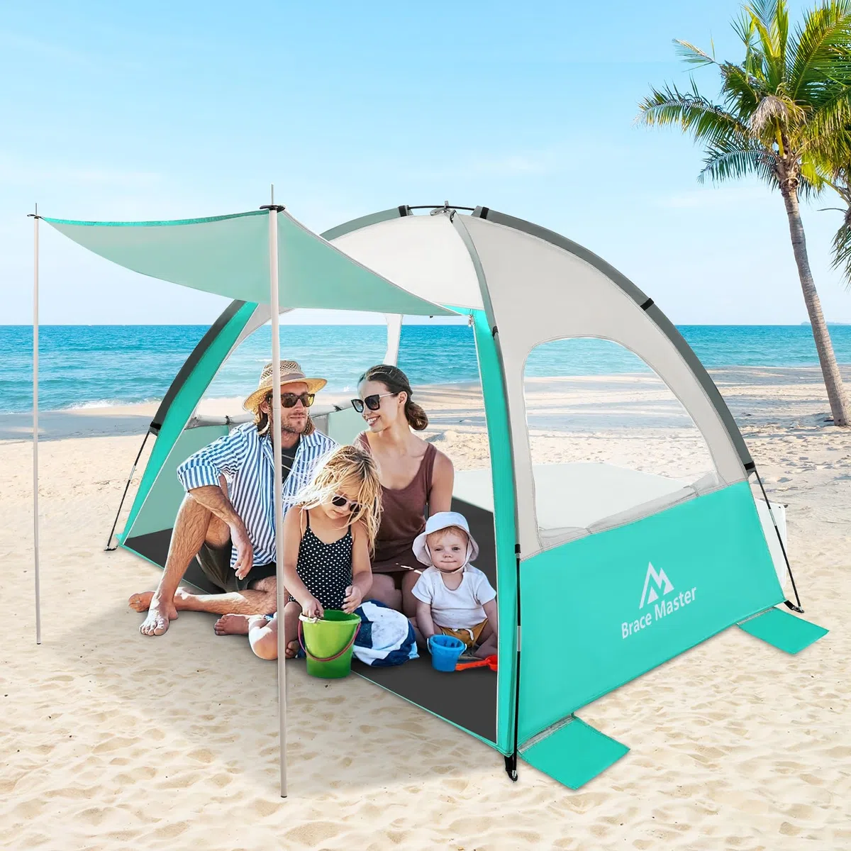 Brace Master Tenda da Spiaggia con Tendalino, Tenda Portatile UPF 50+, Adatta per 2-3 Persone, Facile Installazione, Adatta per Spiaggia, Campeggio, Pesca, Verde
