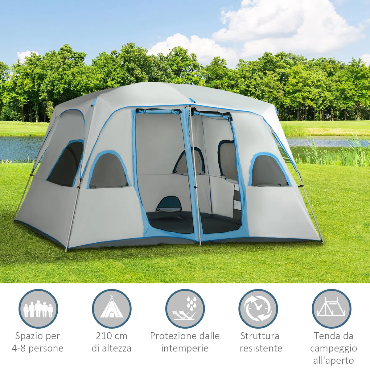 Outsunny Tenda da Campeggio 4 Persone con 2 Stanze e Finestre a Rete, Tenda a Casetta Anti UV e Impermeabile, 400x275x210 cm, Grigia