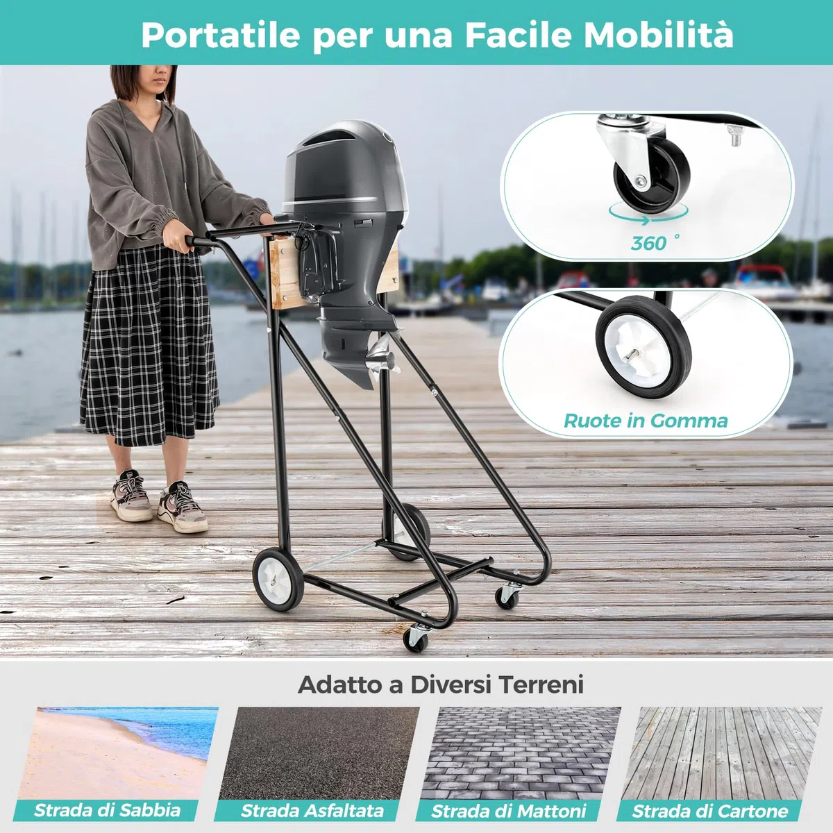 GYMAX Sostegno Motore per Imbarcazioni Fuoribordo, Carrello Porta Motore Pesante con Solida Tavola in Compensato Spesso, 4 Ruote Lisce, Maniglia Ergonomica, Supporto Motore per Imbarcazioni