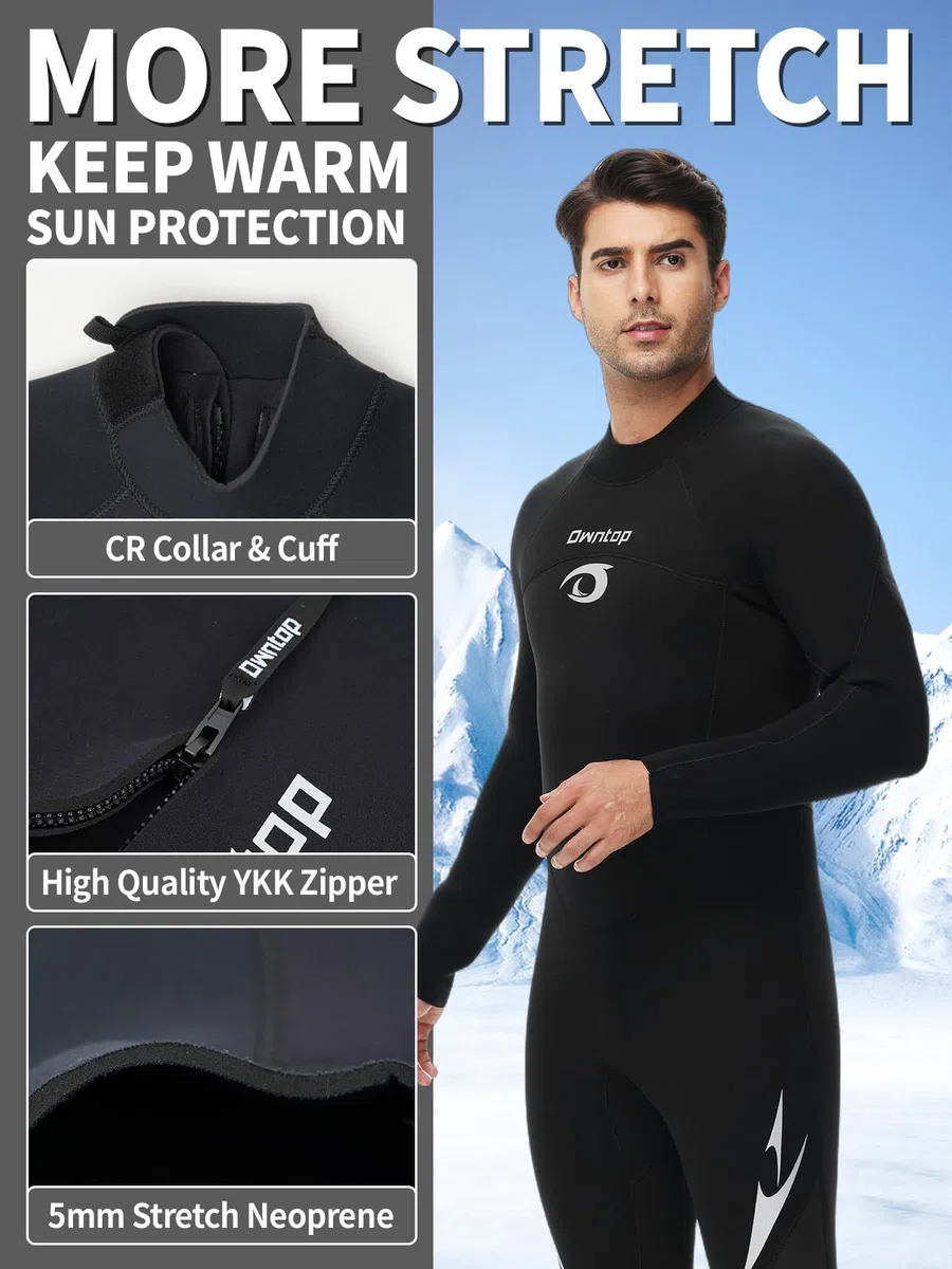 Owntop Muta da 5 mm per uomo e donna, in neoprene con cerniera posteriore, per adulti, lunghezza intera, pelle termica flessibile per immersioni in acqua fredda, surf, da uomo, nero, M