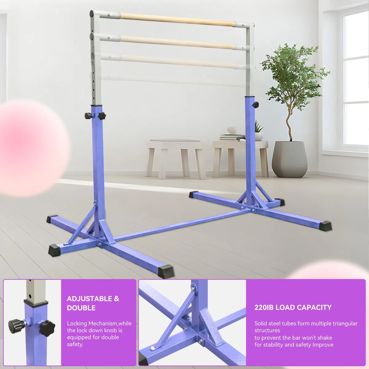 FBSPORT Barra da Ginnastica per Bambini con 13 Altezze Regolabili,Sbarra di Ginnastica per Bambini Barra Ginnastica Orizzontali Artistica Palestra Danza per Bambini e Bambine e Portatile Viola