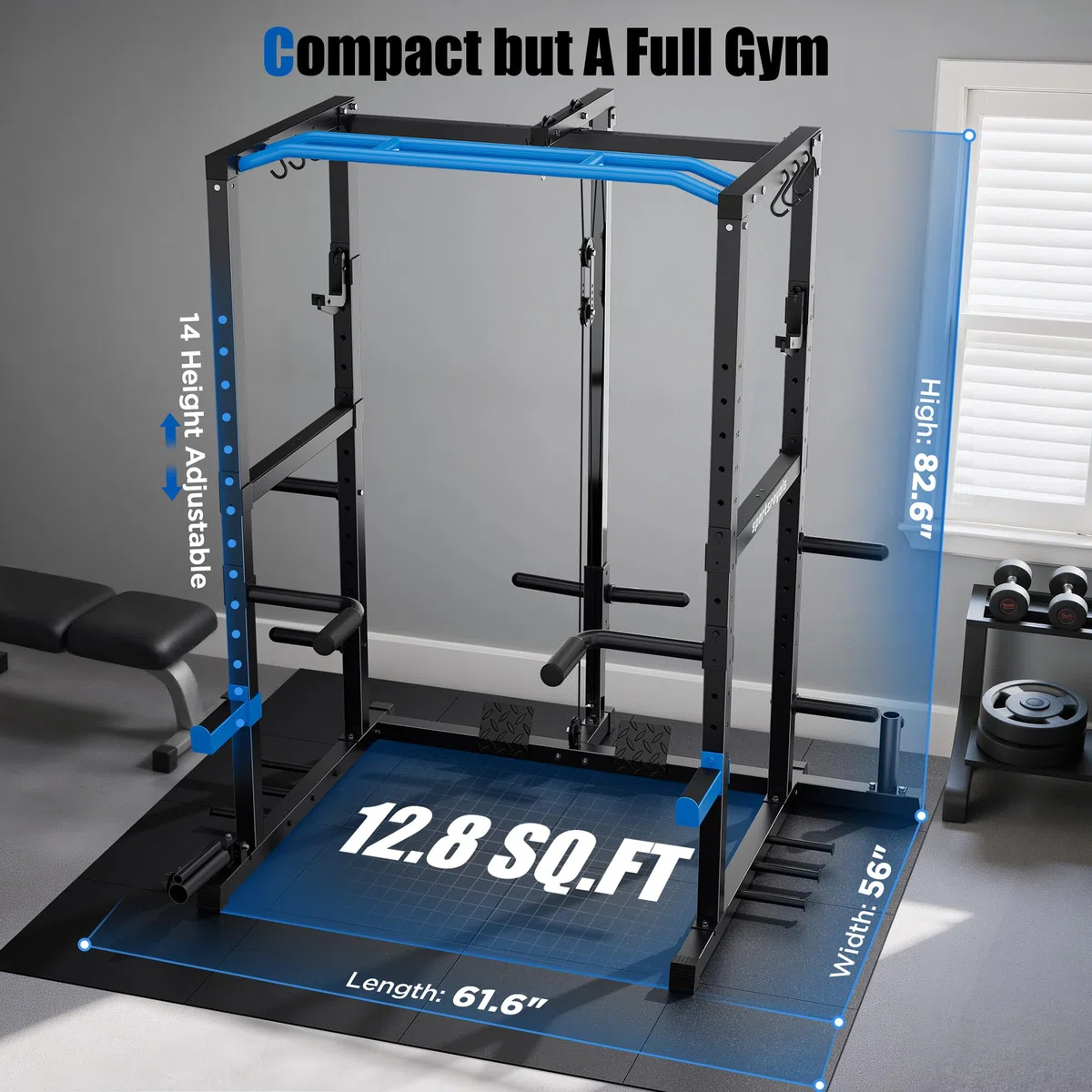 Sportsroyals Power Cage - Power Rack da 725,7 kg con cavo regolabile Crossover, multifunzione Squat Rack con sistema di puleggia e accessori per allenamento per palestra domestica