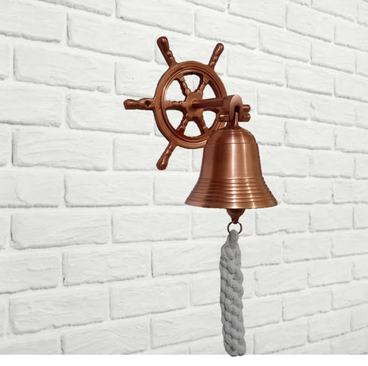 Purpledip Campana nautica in ottone con gancio ruota del capitano: nave pirata marina da parete, rame (11402B)