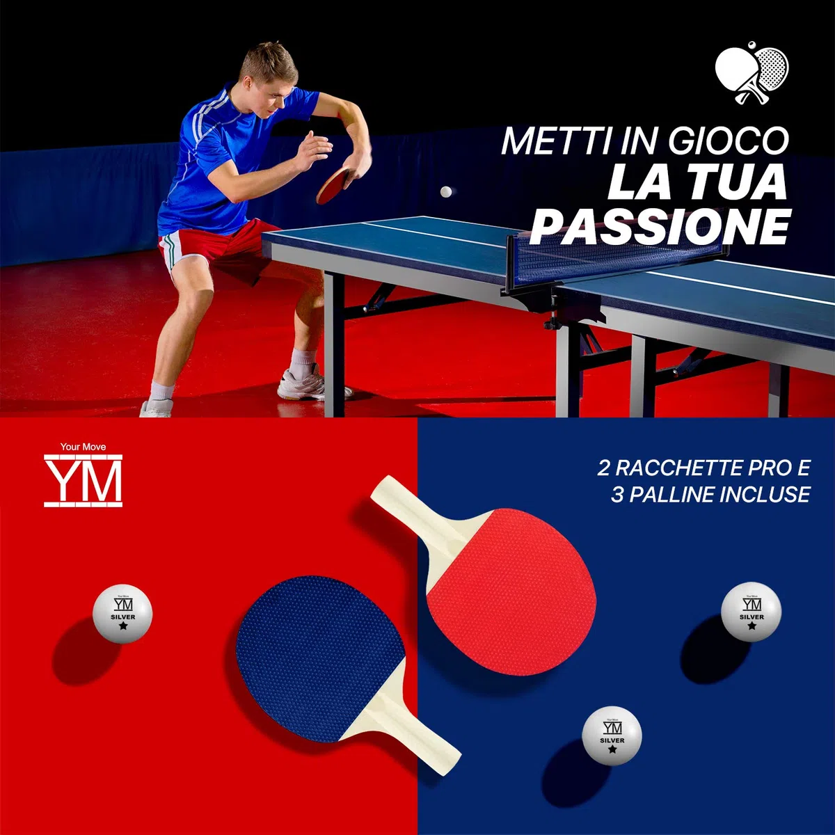 YM Tavolo Ping Pong Pieghevole Mini Ninja Richiudibile in Valigetta, Portatile e Compatto, Telaio in Acciaio con Tubolari da 25mm. Incluse Racchette e Palline. Dimensioni Aperto: cm 150 x 67 x 69