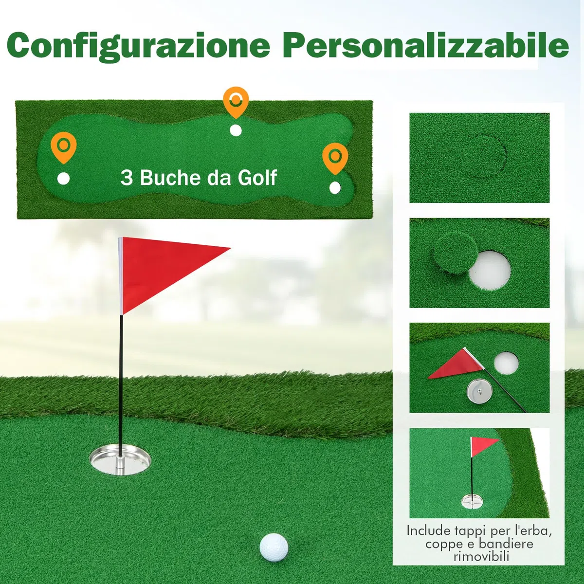 COSTWAY Tappetino da Golf Professionale, Campo da Golf con Erba Artificiale Realistica, 3 Buche, 3 Bandierine e Tazze per l'Allenamento Interno ed Esterno, 300 x 100 CM