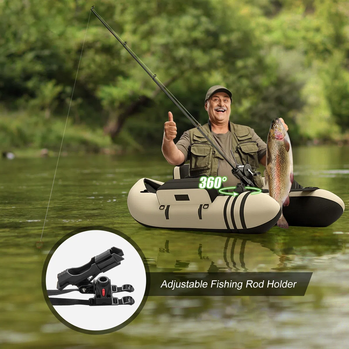 HOMASIS Gommone da Pesca per Adulti, Gommone Gonfiabile con Pinne in PP e Pagaia in Alluminio, Canotto da Pesca con Attrezzatura Completa, Portata 160 kg, 136 x 105 x 54 cm
